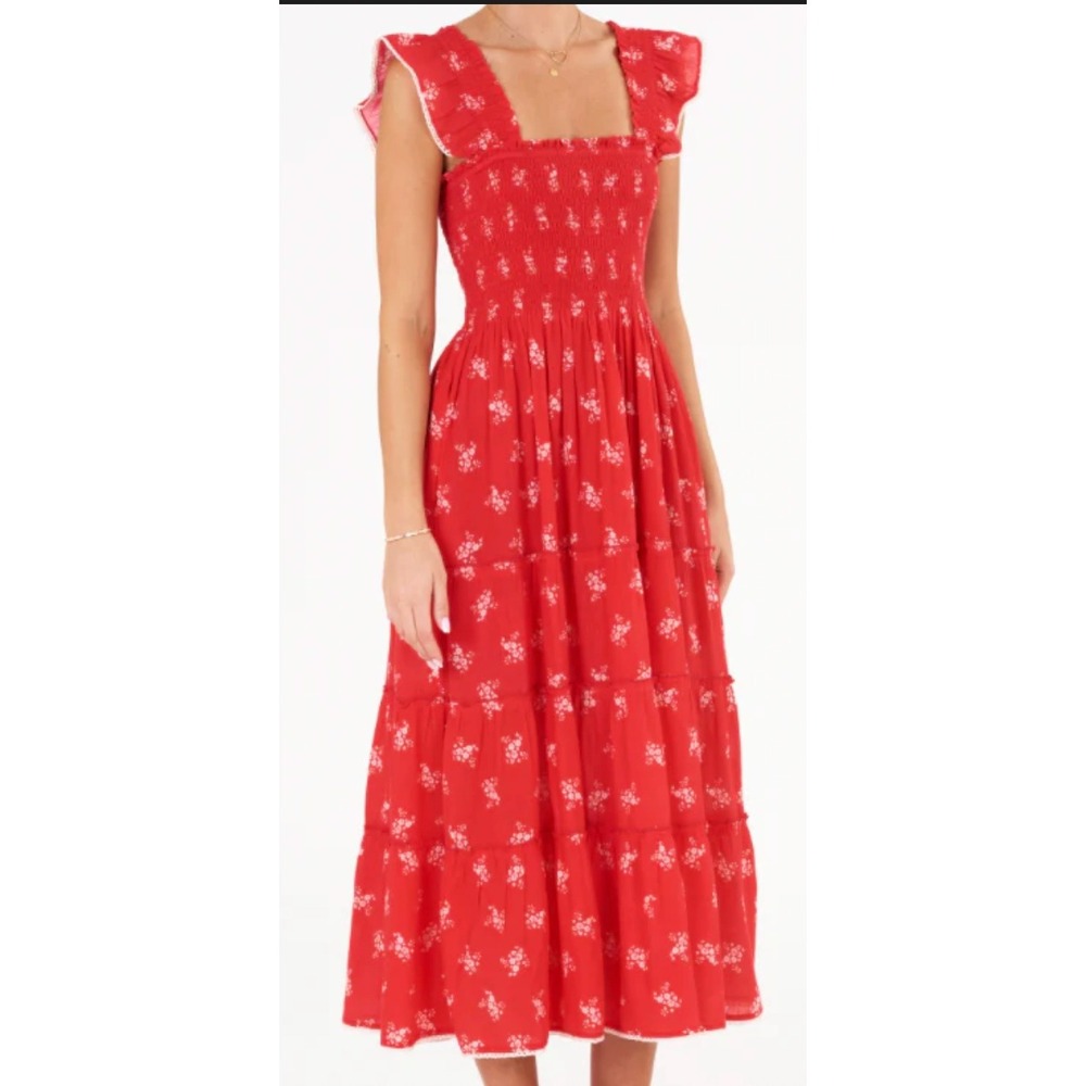 M.A.B.E Women's Vivi Print 100% Cotton Red Square Neck Maxi‎ Dress Size S NWOT